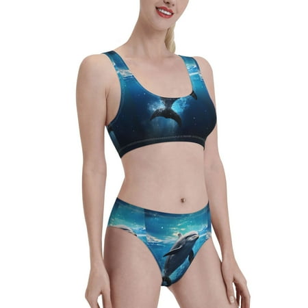 Uemuo Ice Blue Ocean Cute Dolphin Printed Women s High Waisted Bikini Sets Sporty Two Piece Swimsuits Color Block Cheeky High Cut Bathing Suits-X-Large