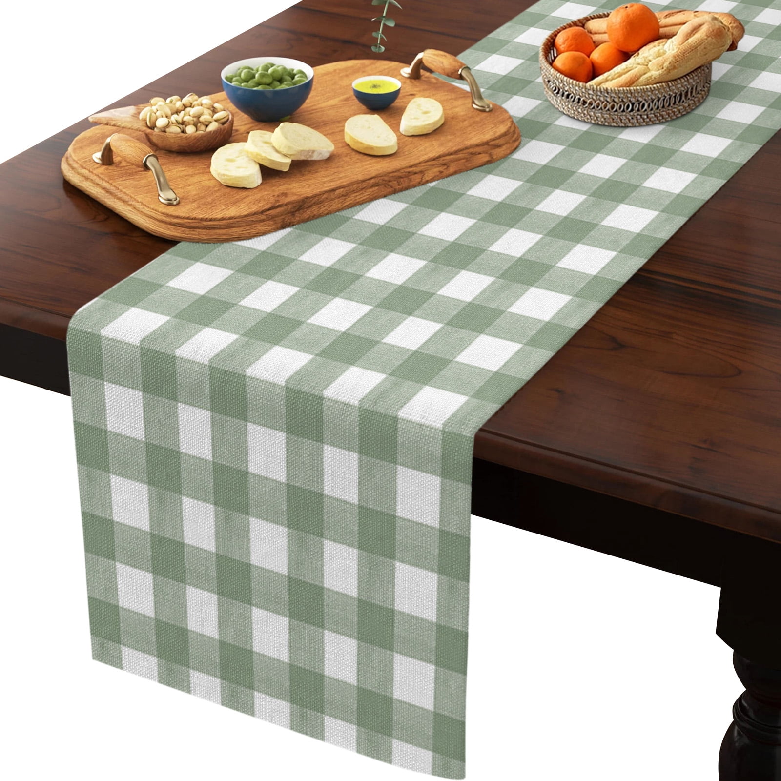 Table Runner Dresser Scarves 72 Inch Long, Watercolor Sage Green Lattice Checker Linen Dining Table Runners Minimalist Buffalo Plaid Tabletop Scarf for Wedding Holiday Party Kitchen
