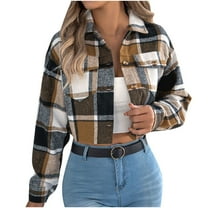 Women Plaid Cropped Shacket Jacket Fashion Button Down Shirt 2025 Fall Coat Tops Dressy Causal