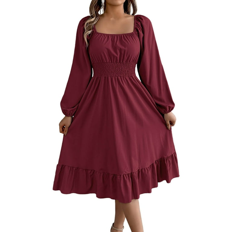 Odbmxy A-Line Midi Dress Women Long Sleeve Women's Plus Size Dresses Solid Color Peplum Tunic Fairy Regular Dresses,Red XL