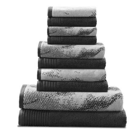 Marble Effect 100% Combed Cotton 500 GSM 10-Piece Towel Set, 2 Bath, 4 Hand, and 4 Face Black