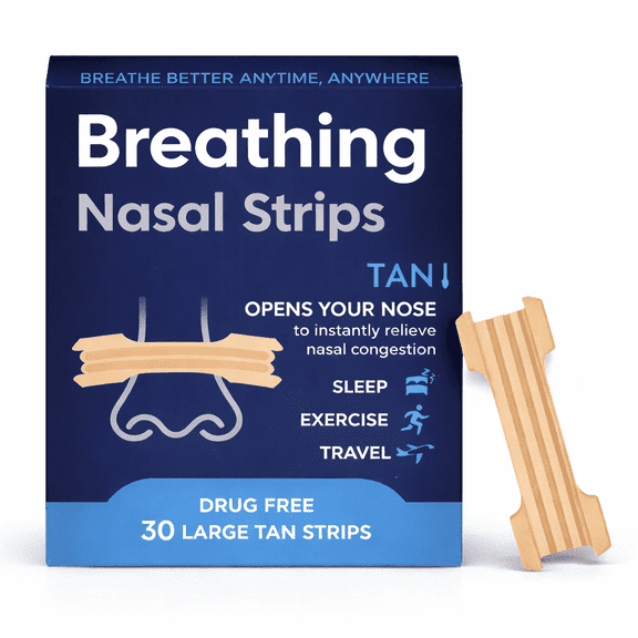 THRIVE STUDIO Breathing Nasal Strips - Drug-Free Nasal Congestion Relief, Snoring Reduction & Better Breathing for Sleep, Exercise & Travel | 30 Tan Strips with 3M Adhesive