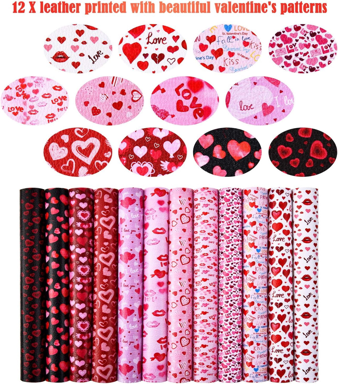 Valentine's Day Faux Leather Sheets for Crafts with Heart Love Pattern Prints and Fabric Canvas Back for DIY Crafts Decor