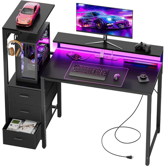 44 inch Gaming Desk with Led Lights & Outlets, Computer Desk with 3 Drawers & Shelves, Gamer Desk with Monitor Stand & Side Hooks for Game Room, Home Office,Black