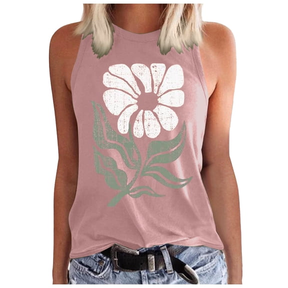 XIAONU Womens Floral Print Tank Top Sleeveless Crew Neck Loose Fit Summer Casual Tee