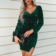 thumbnail image 2 of Sarapandan Women Wrap V Neck Long Sleeve Velvet Dress Split Hem Glitter Fashion Elegant for Party Club Holiday Dark Green XL, 2 of 5