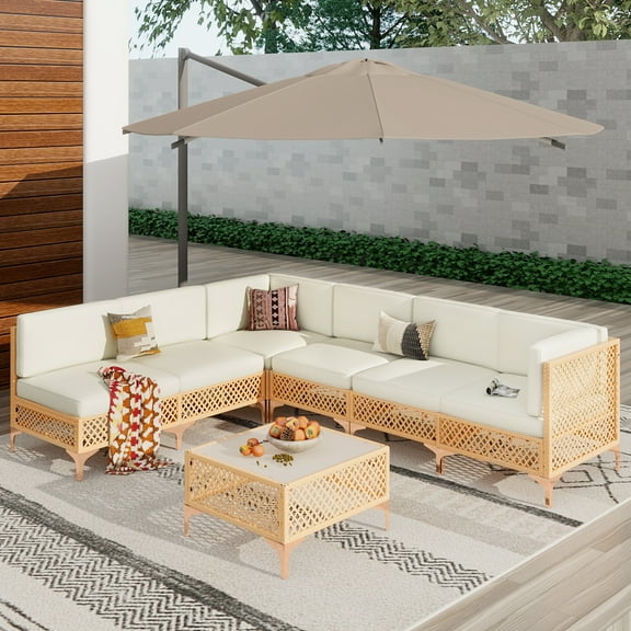 ENSTVER 7 Piece Outdoor Patio Furniture Set, PE Rattan Wicker Patio Conversation Sets, All Weather Sectional Sofa with Thick Cushion, for Garden, Poolside, Backyard