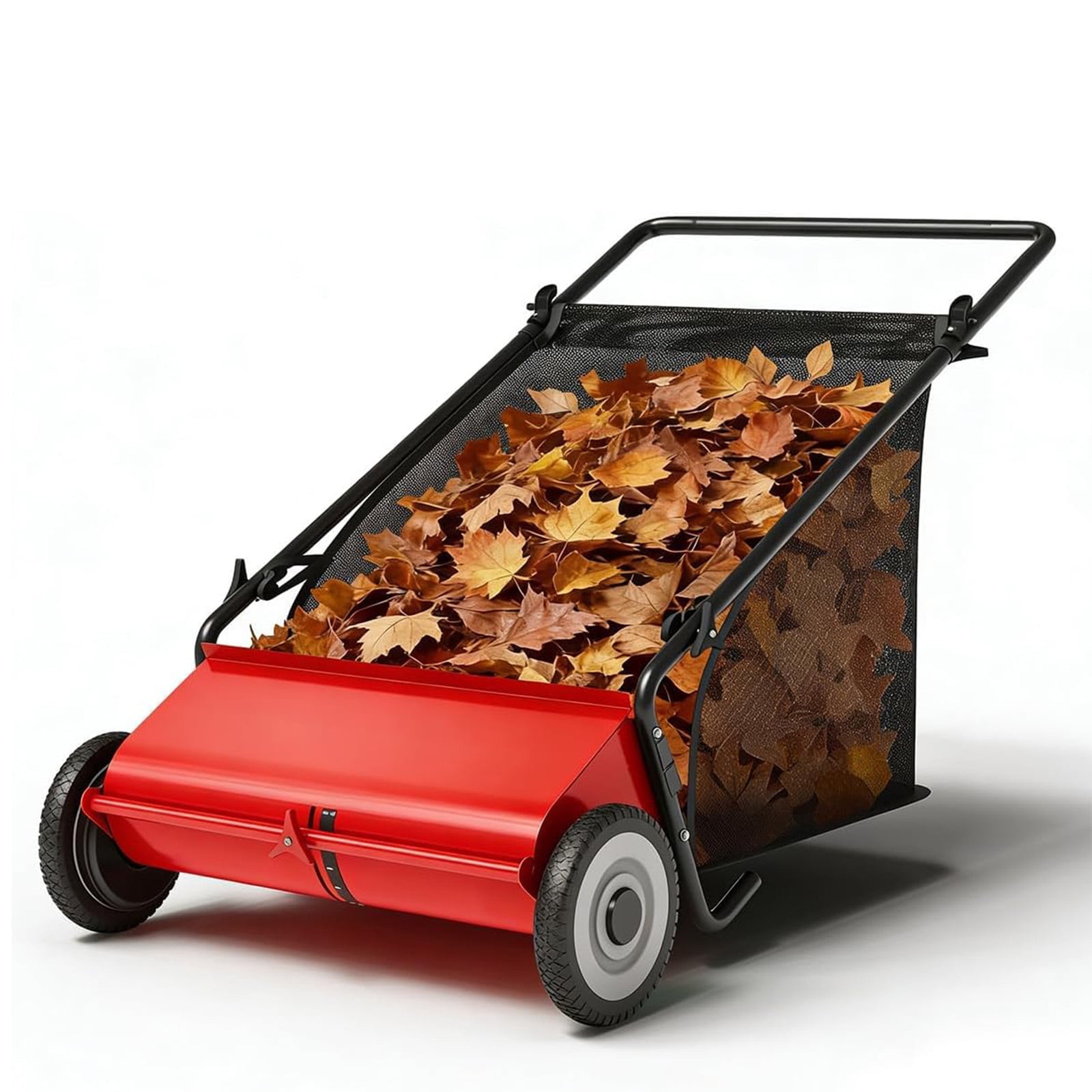 Memoryfield 26" Push Lawn Sweeper with 4 Spinning Brushes, 7 Cu.ft Large Capacity Collector, Adjustable Height Yard Leaf Sweeper for Lawn, Garden & Patio Cleanup, Red