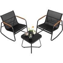 YANG2 3-Piece Patio Furniture Set, Garden Coversation Set, 2 Rocking Chairs, Table, Outdoor Lawn Backyard, Steel, with Armrests, Breathable Synthetic Fabric, Ink Black