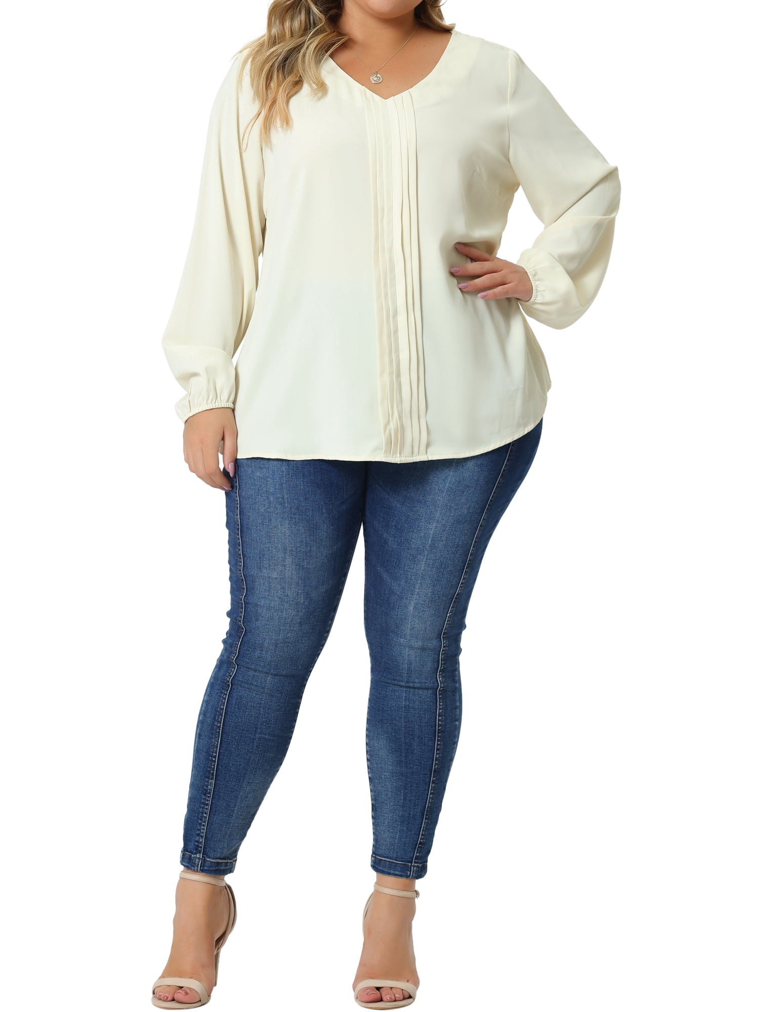Unique Bargains Women's Plus Size Long Sleeve V Neck Chiffon Pleated Front Tops 4X Apricot