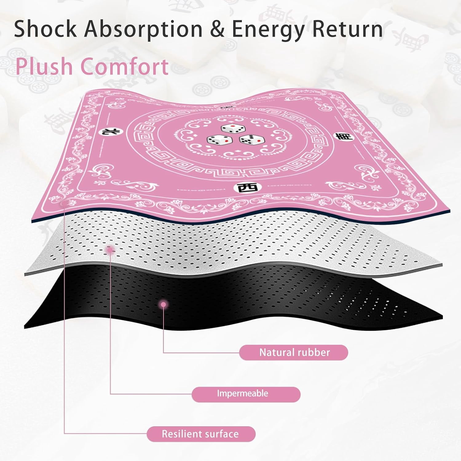Mahjong Mat - Elegant Pink with Lace Trim | Non-Slip Rubber Gaming Mat & Noise Reducer | for Mahjong Tiles, Poker, Cards, Dominoes, Board Games | 31.5x31.5 Inch