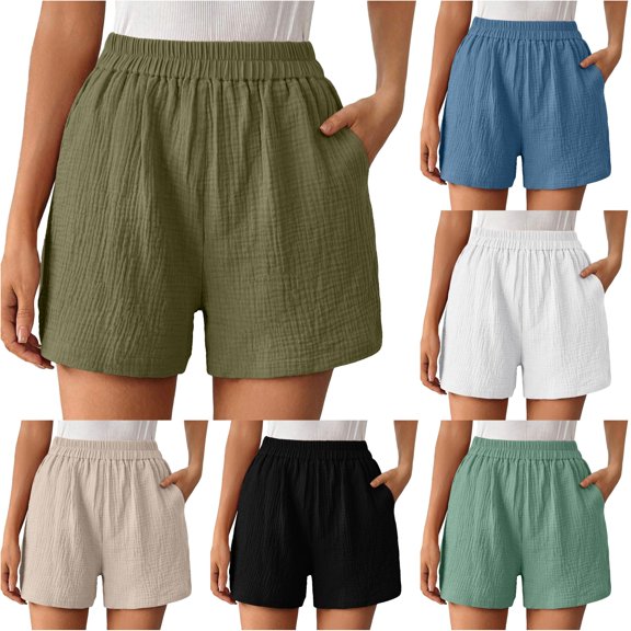 Trendfront Womens Solid Color Casual Shorts Pull On High Waisted Elastic Waist Side Pockets Relaxed Fit Summer Bottoms