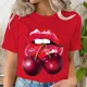 thumbnail image 2 of Ropa de verano, camisetas con estampado de labios y cereza, camisetas informales de manga corta para mujer, camisetas gráficas a la moda, camisetas para mujer, ropa, 2 of 4