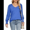 thumbnail image 3 of Camisas Casuales Holgadas de Larga para Mujer, Blusas Fruncidas con Cuello en V, Blusas de Moda. Azul L, 3 of 10