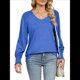 thumbnail image 3 of Camisas Casuales Holgadas de Larga para Mujer, Blusas Fruncidas con Cuello en V, Blusas de Moda. Azul L, 3 of 10