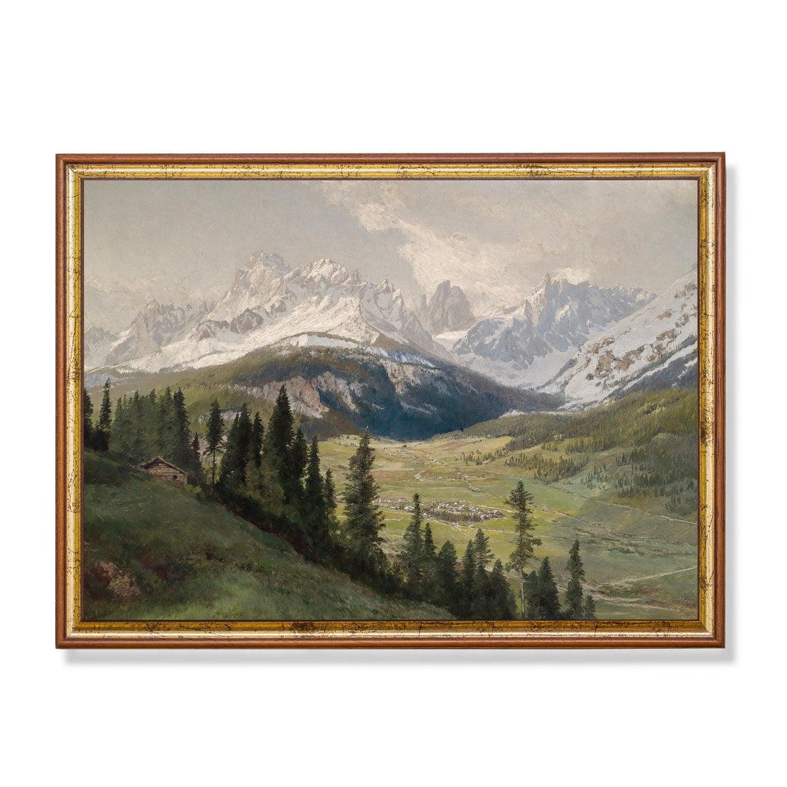 Vintage Alps Snowy Mountain Landscape Wall Art Print Rustic Cabin Living Room And Gallery Wall Decor
