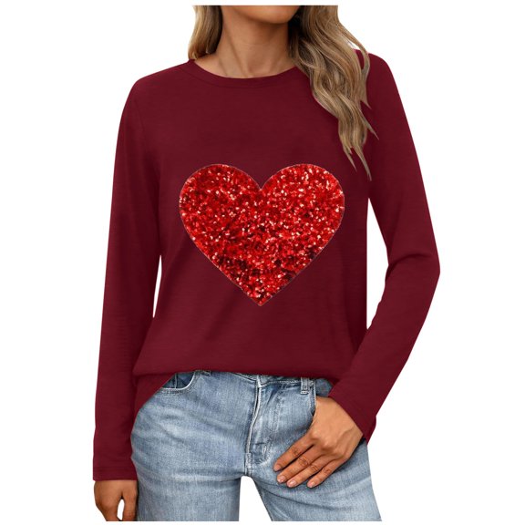 Guluxicc Sweatshirts for Women Valentine's Day Casual Crewneck Long Sleeve Tops Trendy Fashion Cute Graphic Pullover Shirts, Red, 2XL