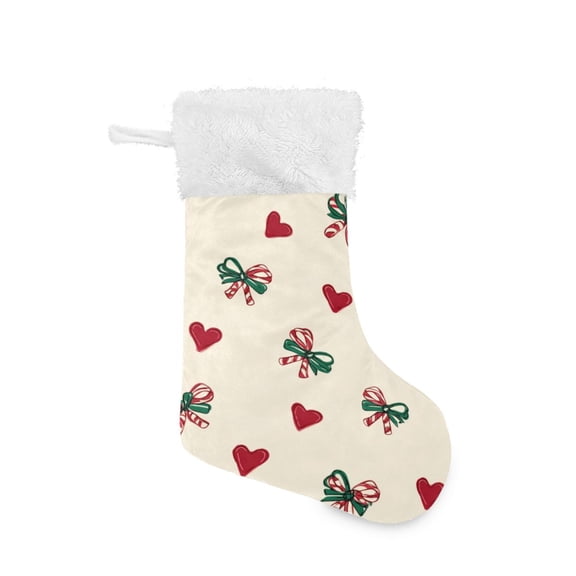 Christmas Stocking with Hanging Loop for Family Holiday Ornament Ribbons and Hearts Pattern