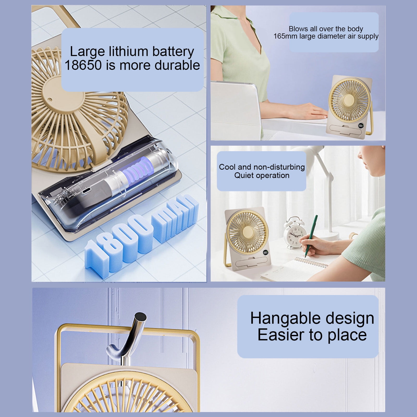 Yhmxh Small Desk Fan, 5 Speeds Adjustable Quiet Portable Rechargeable USB Fan With Digital Display, 180° Summer Wall-Mounted Fans for Home Office Kitchen Travel Outdoor (Yellow)