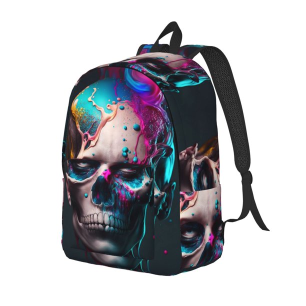 Disketp Modern Abstract Colorful Skull B print Canvas Backpack Lightweight Travel Daypack Student Rucksack Laptop Backpack-Small