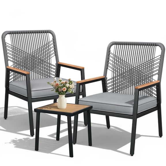 Grey 3-Piece Wicker Rattan Patio Furniture Set with 2 Armchairs and Table
