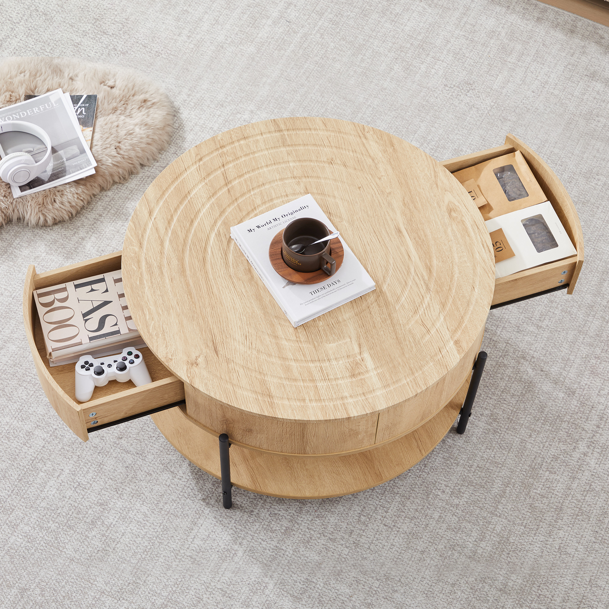 Wirrytor 30" Round Coffee Table with 2 Drawers and Storage Shelf, Modern Farmhouse Tea Table with Natural Tree Rings Top, Natural