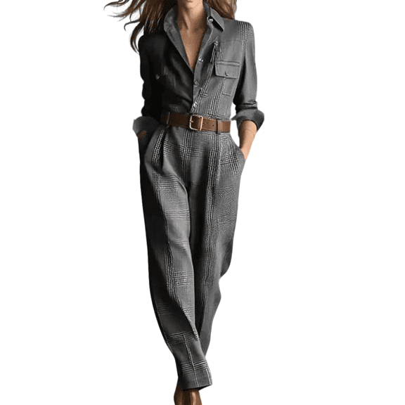 CharmCyan Women's Long Sleeved Lapel Button Retro Plaid Workwear Jumpsuit With Belt Included Gray L
