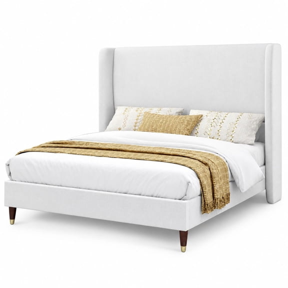 Linen Upholstered Queen Platform Bed Frame with 51.2" Tall Wingback Headboard, White Finish, No Box Spring Needed, Solid Wood Legs, Easy Assembly, Ideal for Couples or Guest Bedroom