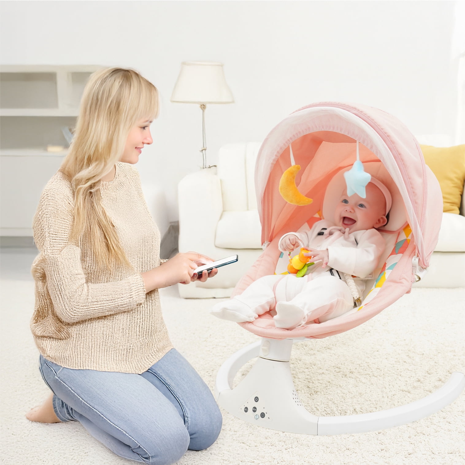 Aprpink 5 in 1 Large Baby Swing Bouncer with Rocking, Mosquito Net&Cute Toys Pink Striped for Toddler, 1 Count