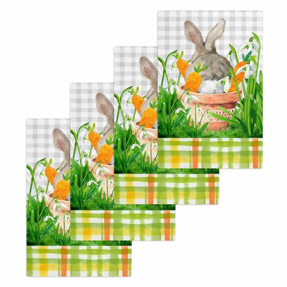 Easter Bunny Kitchen Dish Towels for Drying Dishes Set of 4, Spring Garden Floral Botanical Gray Plaid Waffle Weave Microfiber Hand Tea Bathroom Towels Quick Dry & Absorbent Towel 15.7x23.6