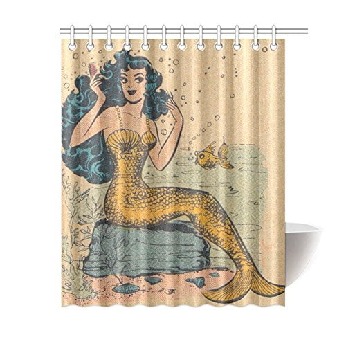 Shower Curtain Retro Golden Mermaid Design Bathroom Waterproof Fabric 72 inch 