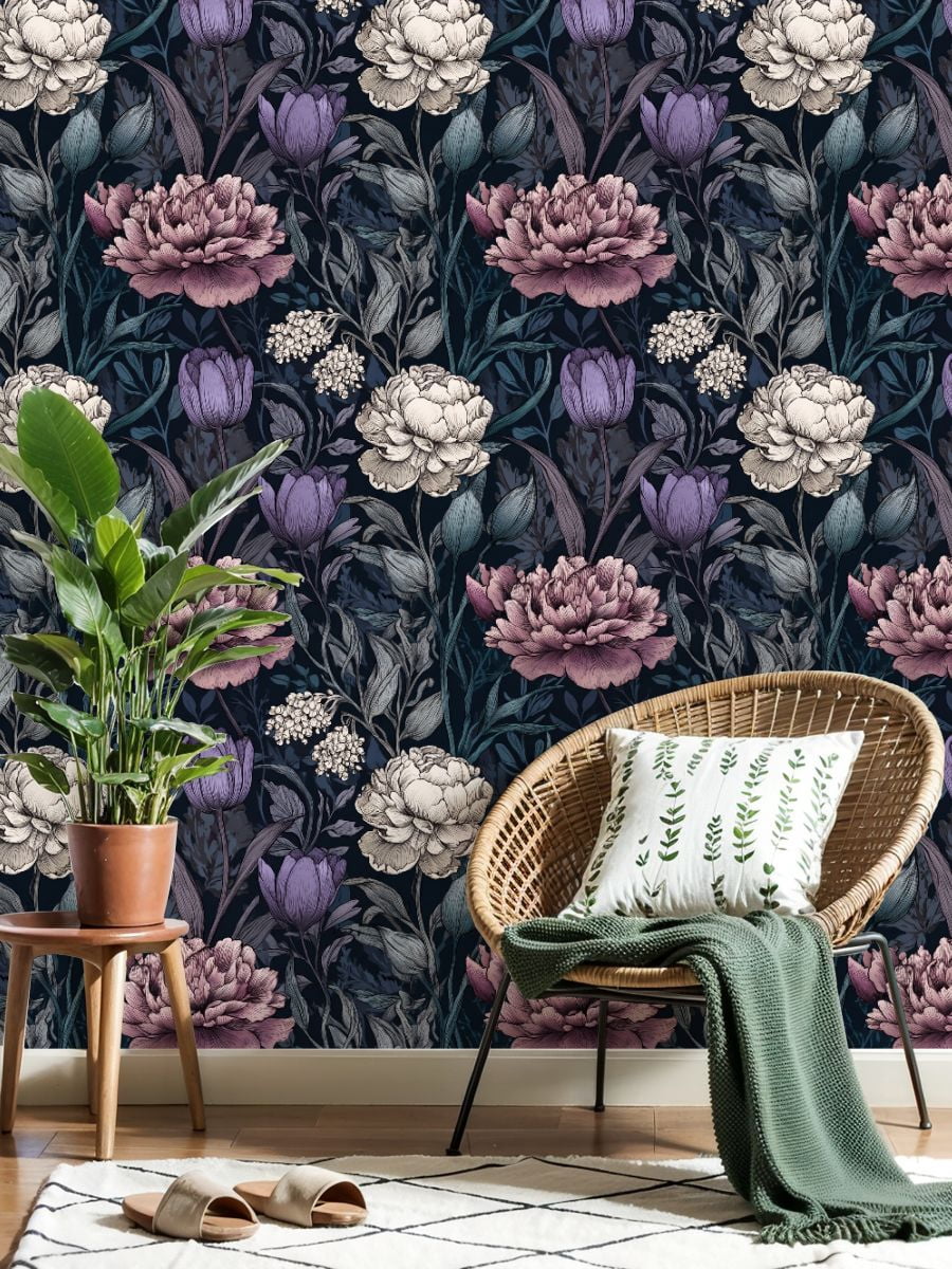 Peel and Stick Wallpaper Vintage Botanical Floral Peonies Tulips Dark Wall Mural 23.6in x 9.8ft Self Adhesive Removable Wall Paper Renter Friendly Wallpaper for Bedroom