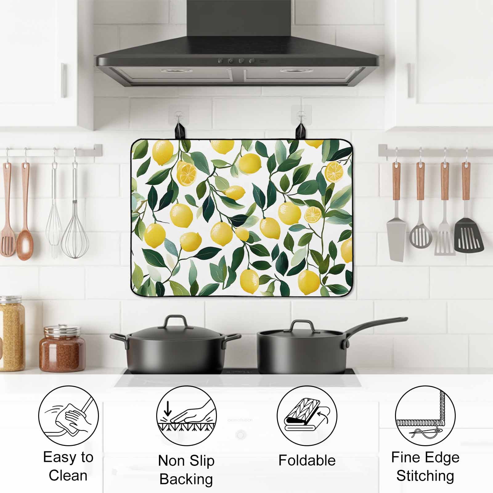 Summer Lemon Stove Top Cover for Electric Stove, Heat-proof & Non Slip Glass Top Stove Cover Protector, Yellow Fruits Green Botanical Pastoral Kitchen Flat Cooktop Rubber Mat 24x21 Inches
