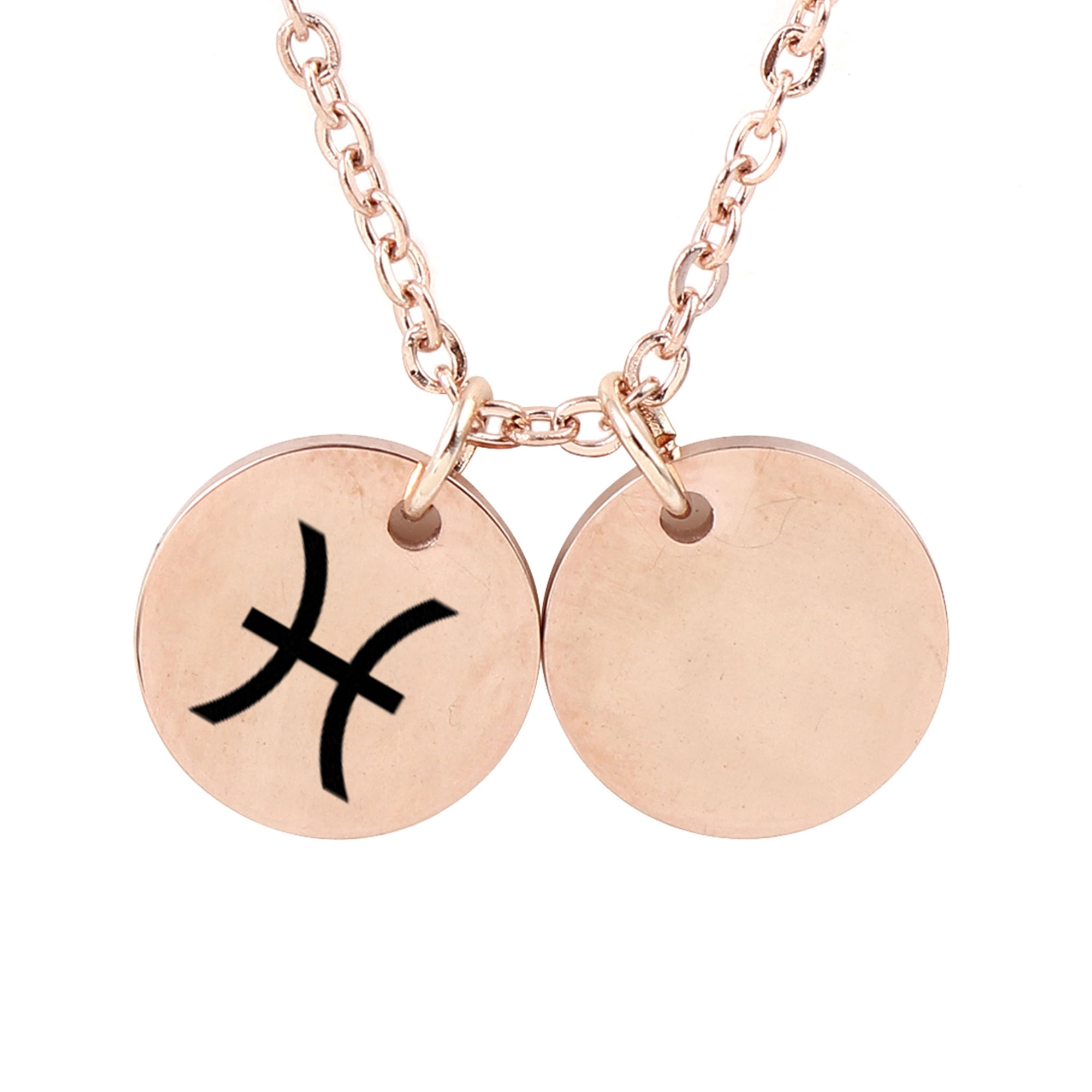 Personalized Round Constellation Initial Necklace - Engraved Zodiac Symbol Jewelry - Christmas Gift for Her - Stainless Steel - 18" Chain - Rose Gold Pisces