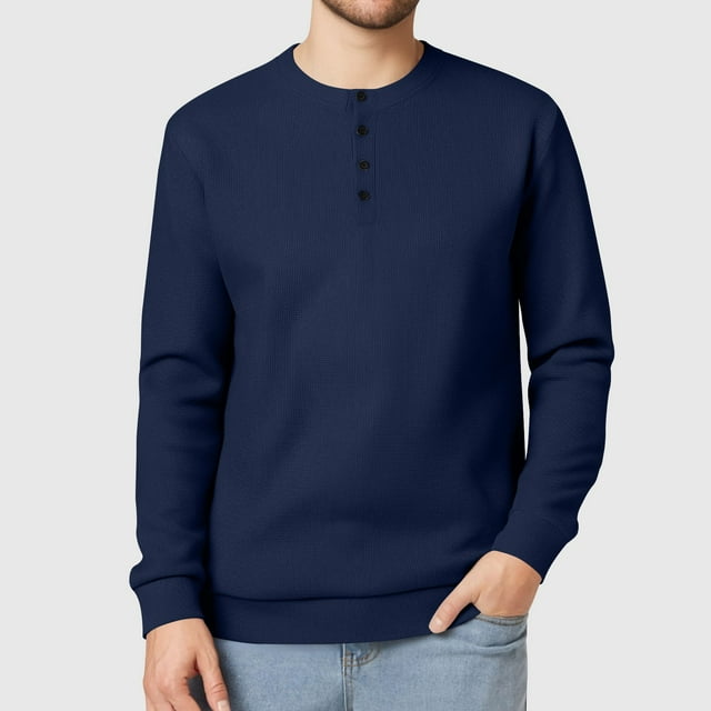 Gspmoly T-Shirt pour Homme, Chemise à Manches Longues Tricotée à Col Rond avec Boutons de Couleur Unie pour Homme, Hauts de Sortie Économies d'Été