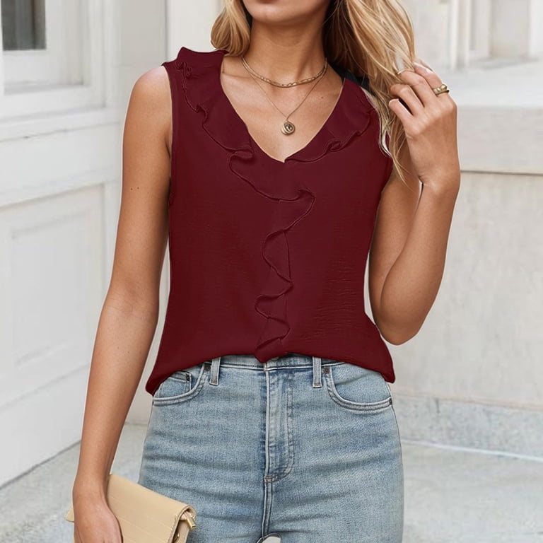Women Summer Tops Women's Fashionable V Neck Sleeveless Ruffle Blouse R1  plus Dark Teal Tops for Women Camisole Set Chicken for Corset Clothes Teen  Girls Bulk Pack Womens Camisole RD2 XL -