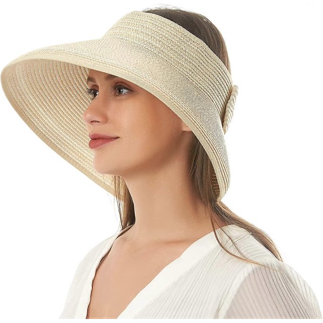 Sombrero de paja plegable KAIYANG con visera solar para mujer tamaño ajustable ala ancha beige