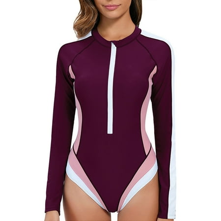 Huankd Women s Long Sleeve Rash Guard UV Protection Zipper Printed Surfing One Piece Swimsuit Bathing Suit Dark Purple XXXL