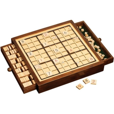Bits and Pieces Sudoku Board Game Deluxe Wooden, 100 Puzzles, 4 Difficulty Levels, 10-1/2"