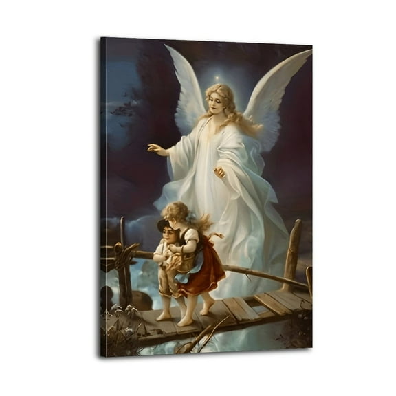 Vintage Angel Guardian Poster Wrapped Wooden Frame Wall Decor,,Canvas Wall Art for Living Room,Bedroom,Office,Ready to Hang