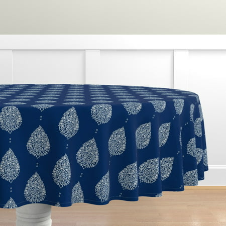 

Cotton Sateen Tablecloth 90 Round - Moroccan Paisley Navy Ogee Inspired Wordly Boho Indigo White Ornate Print Custom Table Linens by Spoonflower