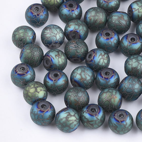 Electroplate Glass Beads Frosted Round with Pattern Cadet Blue 8~8.5mm Hole: 1.5mm Glass