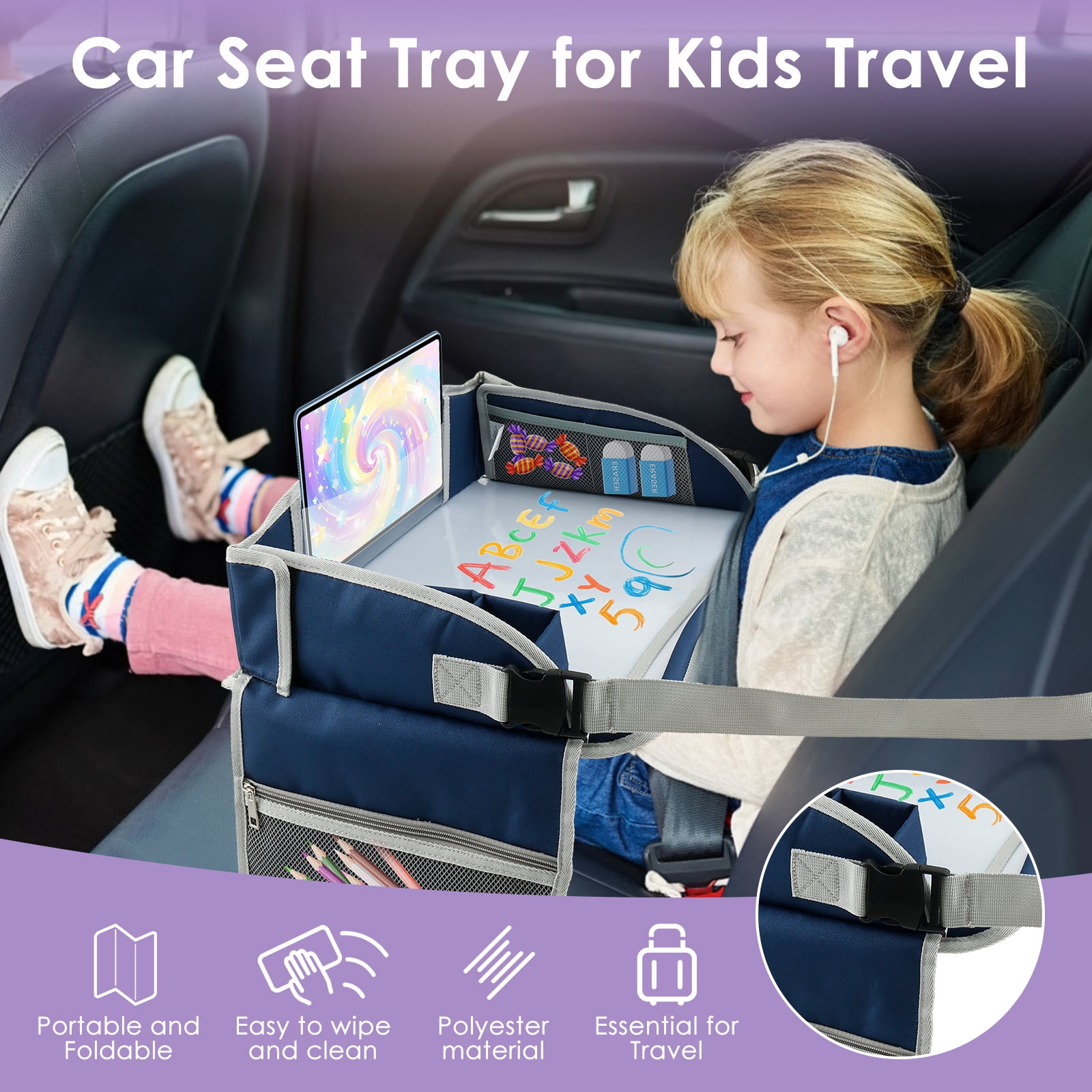 Carseat Table Tray for Kids Polyester Made Portable Drawing Board with Padded Shoulder Strap for Road Trip Activities