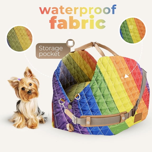 Dog Car Seat for Small Dogs – 3-in-1 Travel Carrier – Washable, Anti-Slip, Safety Straps – Fits Front & Back Seats – Cozy Pet Car Seat up to 25 lbs – Rainbow