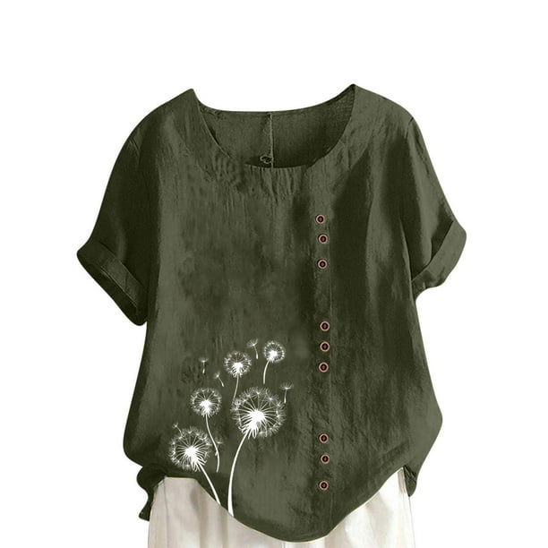 Vestidos Casuales Para Mujer, Blusas De Mujer De Moda Blusa informal de lino con cuello redondo, manga corta y botones para mujer