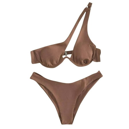 Arnsht Women s Split Shoulder Steel Support Bikini Solid Color Two-piece Swimsuit Bikini Swimsuit One Shoulder Cut Out Bathing Suit Brown M