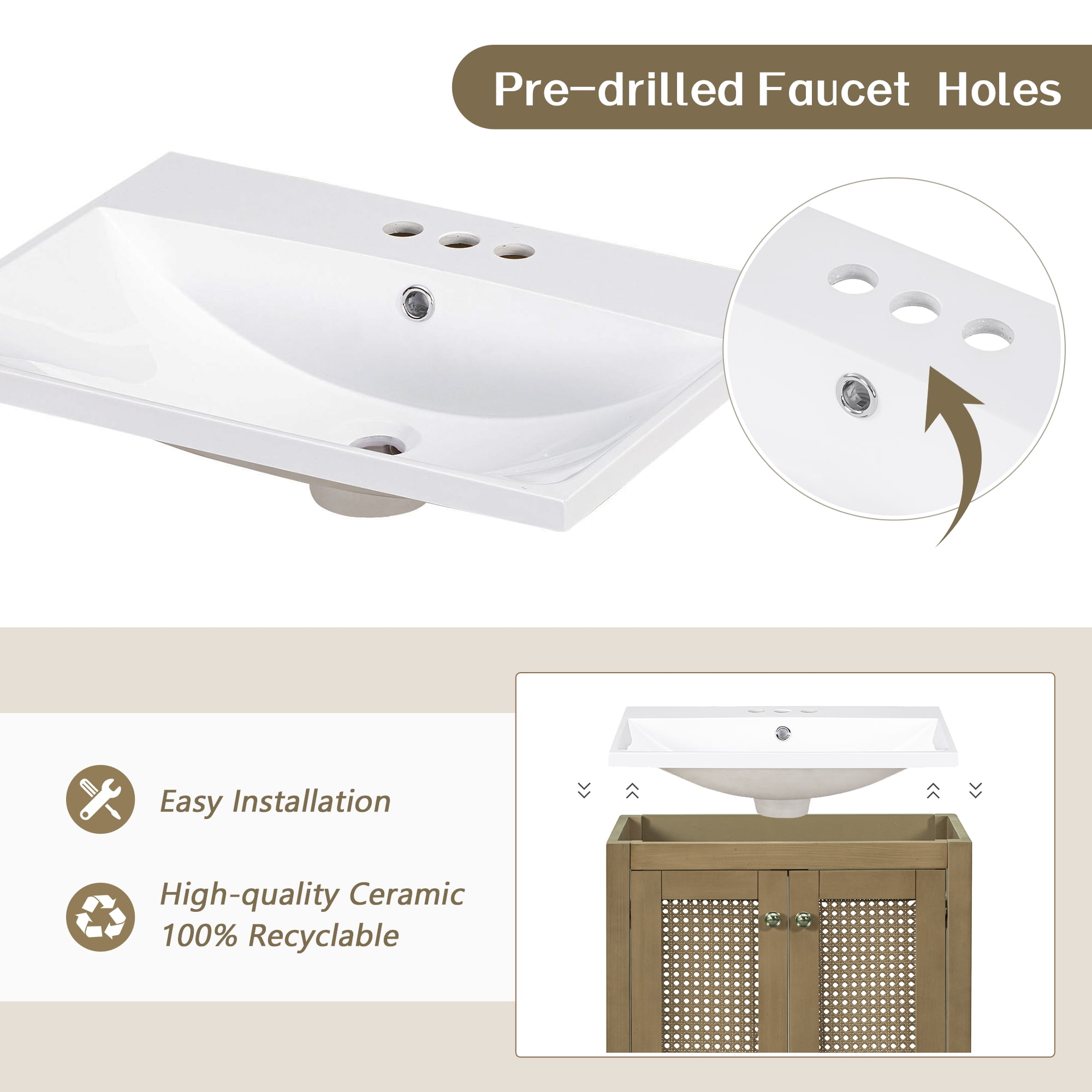 Harper & Bright Designs 24" Bathroom Vanity Sink Combo for Small Space, Natural Rattan Bathroom Storage Cabinet with Two Doors and Drawer, Solid Wood Frame