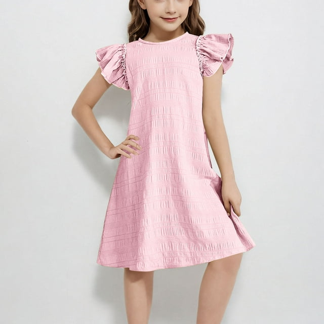 Xdegoge Robe d'Été Fille 5T, Robe Blanche à Volants Enfants Décontractée Ligne A Robe Décontractée de Fête, Robe 4 Juillet Tout-Petit, Vêtements Tout-Petit, Ropa de Ninas 5T, Mes Commandes Récentes Rose 14-15ans
