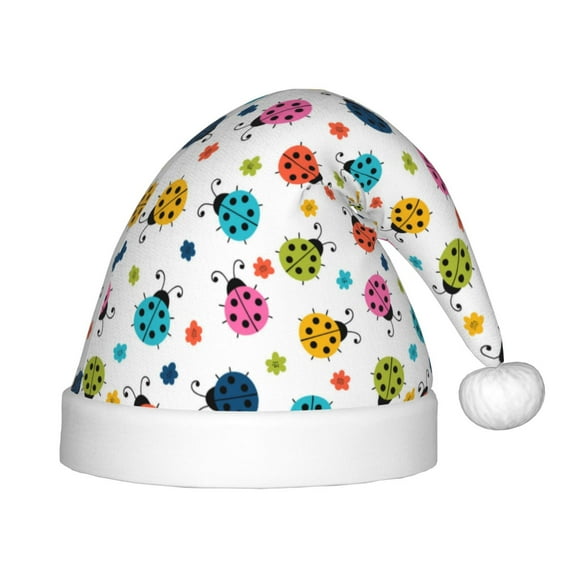 Fuzoiu Ladybugs And Flowers Print Santa Hat Christmas Hat for kids,Santa Hats with Pompom, Unisex Xmas Holiday Hat for Christmas New Year Festive Party Supplies