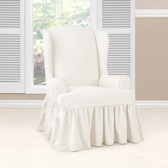 SureFit Essential Twill Wingback Chair Slipcover, Cotton Wing Chair Cover with Ruffled Skirt, White